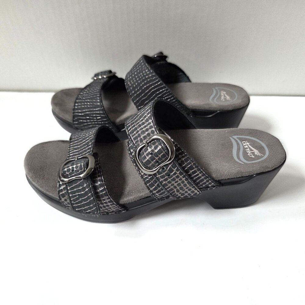 Dansko Sandals Women 38 Gray Pewter Embossed Leather Sophie Comfort Wedge 7.5 8 - Picture 2 of 13